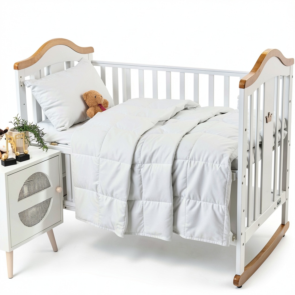 Rose Feather Toddler Duvet being unfolded on a wooden nursery floor